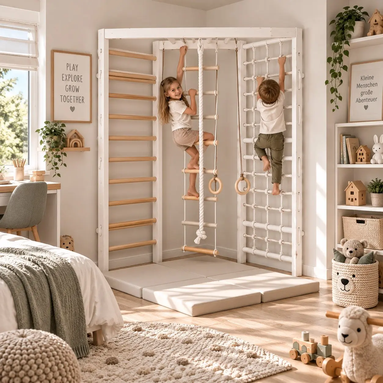 Theo – XL Corner Kletterwand & 2-seitiges Indoor-Kletterset Weiß-Natur