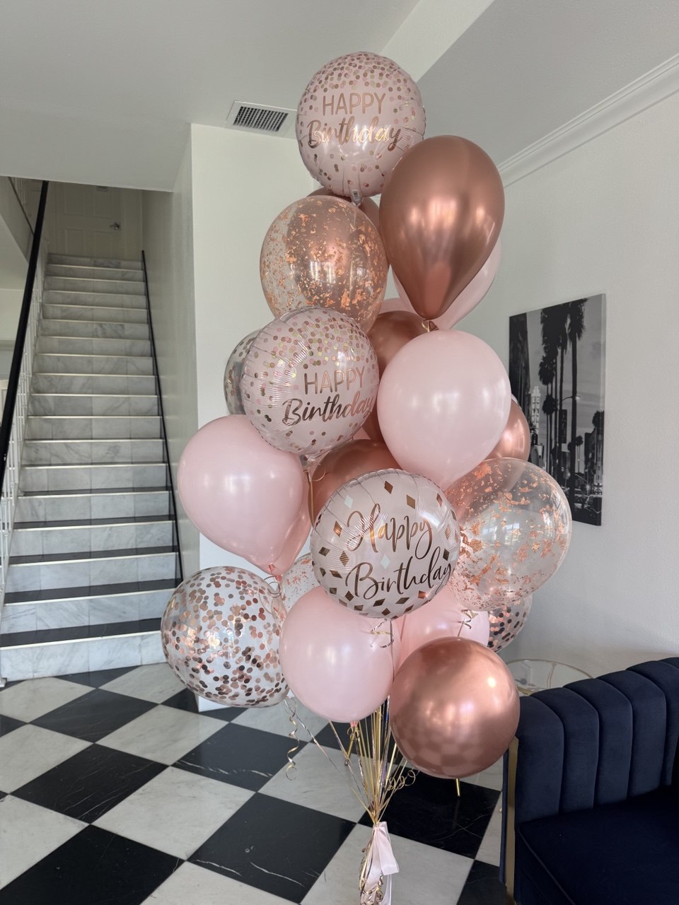 Rose Gold Birthday Balloon Bouquet. 25 balloons
