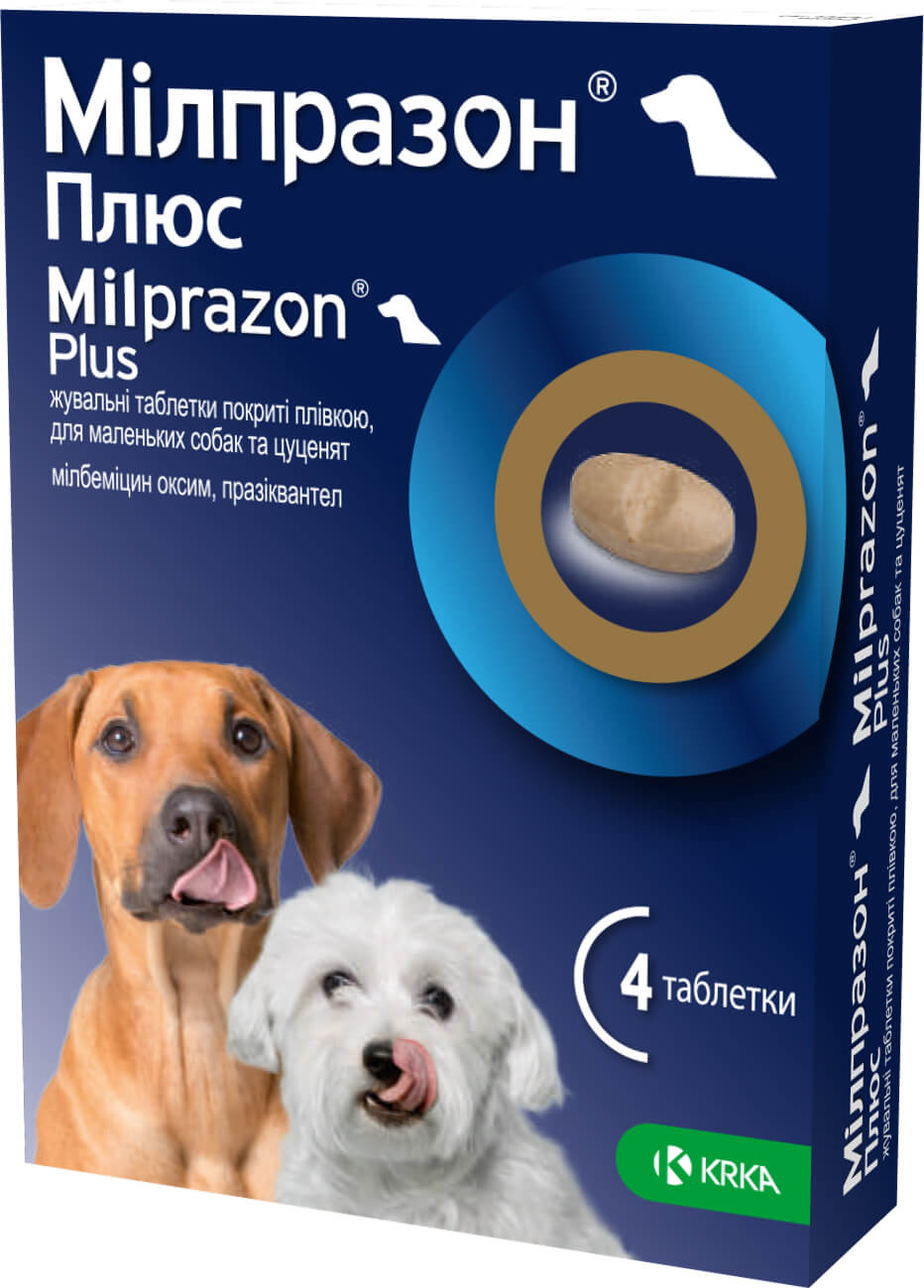 Мілпразон плюс д/собак та цуценят масою тіла від 0,5 кг жувальні табл. 2,5/25mg №4 (без коробки)