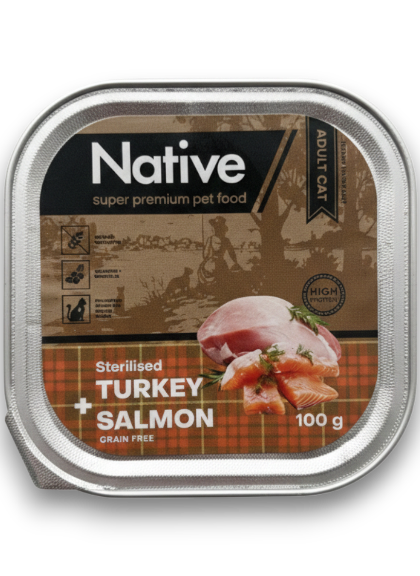 Native Adult Cat Sterilised with Turkey Salmon - повнораціонний вологий корм у вигляді шматочків в желе з індичкою і лососем для дорослих стерилізованих котів, 100г