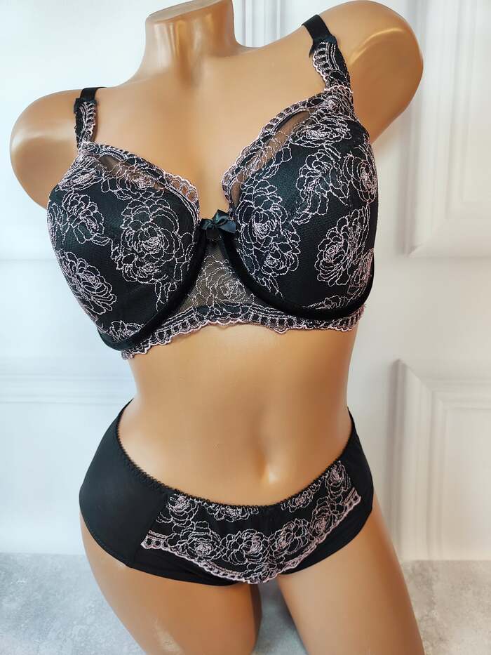 Комплект жіночої білизни Lauma 8131 з вишивкою, чорний з рожевим