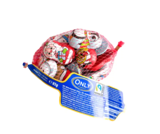 Різдвяні фігурки мікс з молочного шоколаду в сіточці, 80г