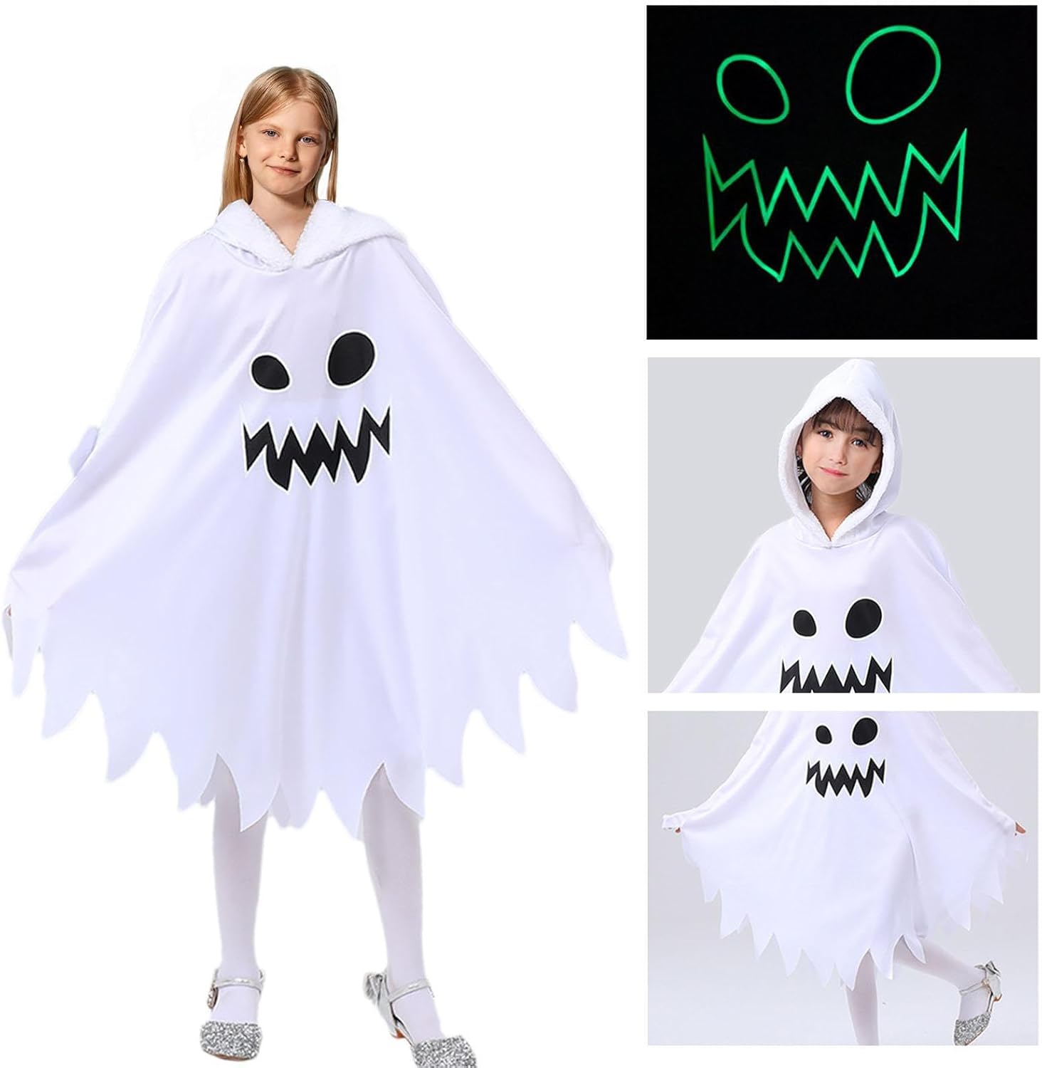 Карнавальний костюм-накидка Привид на Хелловін,білий з зубками, неоновий