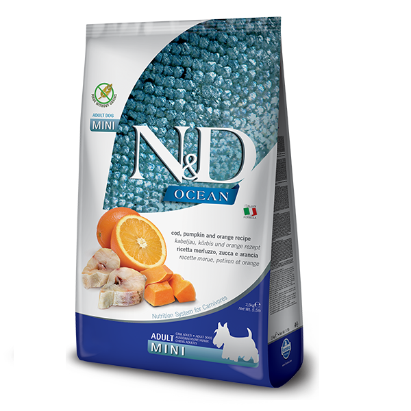 Фарміна дог сух N&D Grain Free OCEAN COD, PUMPKIN & ORANGE ADULT MINI з тріскою та апельсином 2,5 kg 36520