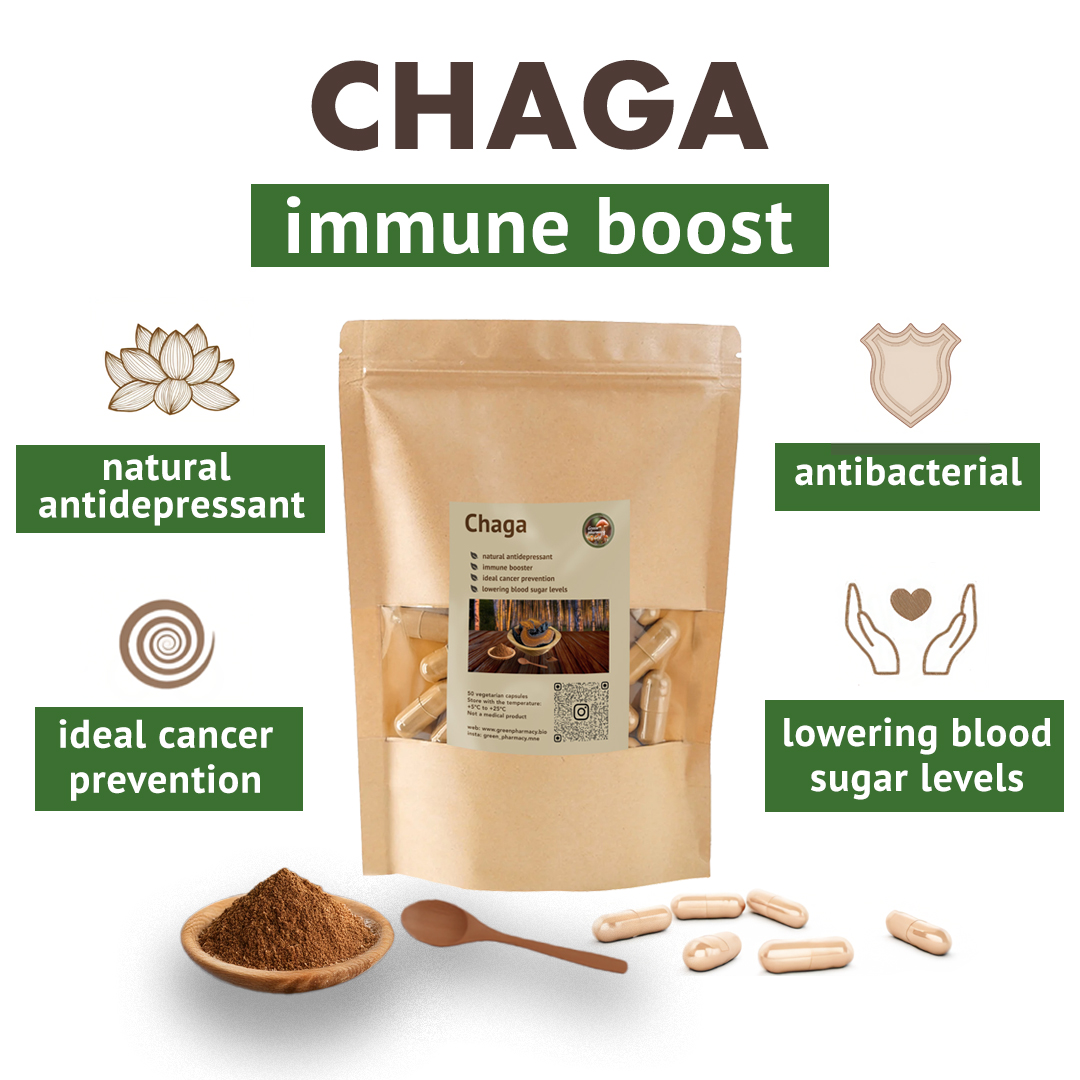 Chaga  чай (мелкий помол). Чага в капсулах по 60 или 120 шт