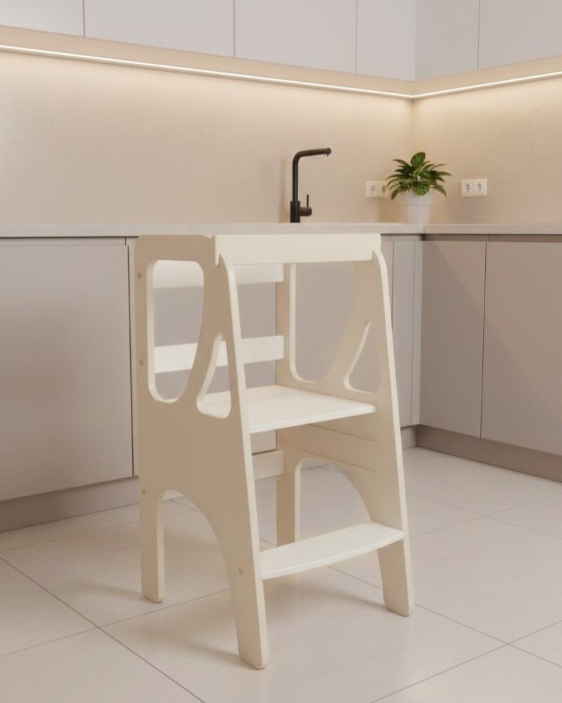 Вежа помічника Монтессорі дизайнерська регульована по висоті дерев'яна FunEra - Пісочна/біла