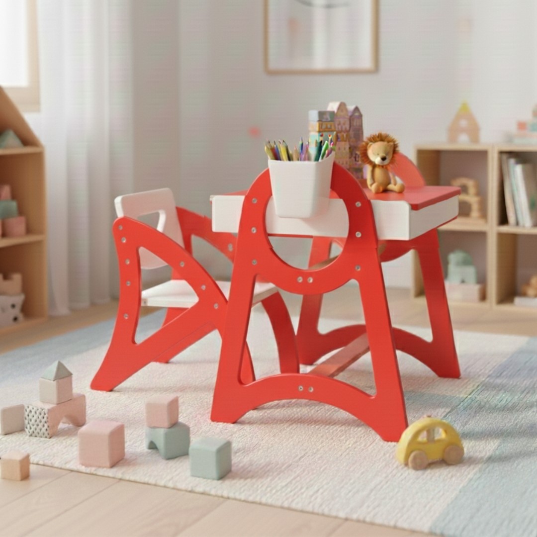 Дитячий столик і стільчик регульований по висоті деревяний дизайнерський з сенсорним коробом та грифельною дошкою Пелікан Коралово/білий