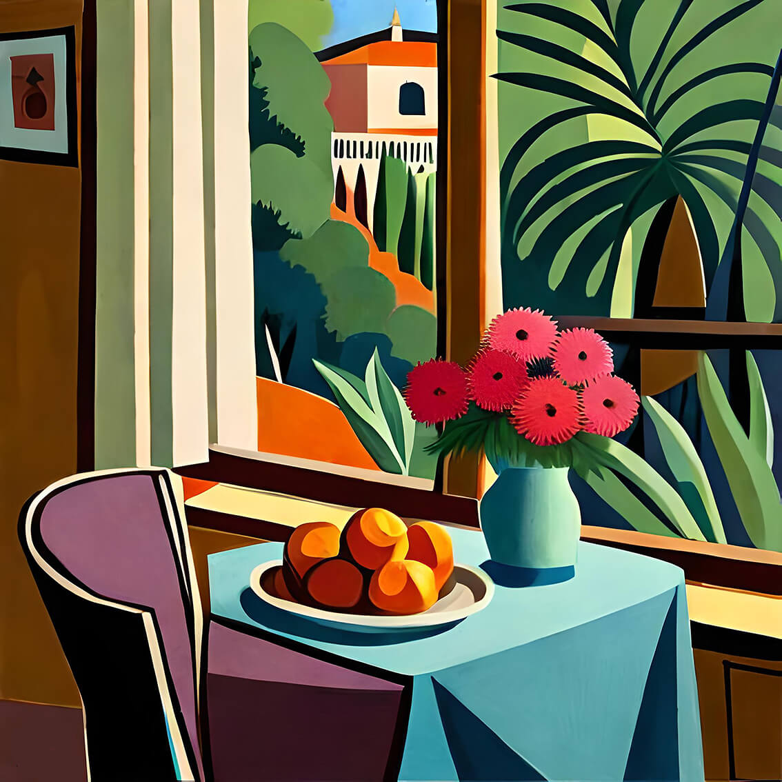 Peaches by the window, 60x60 cm, original acrylic painting on canvas