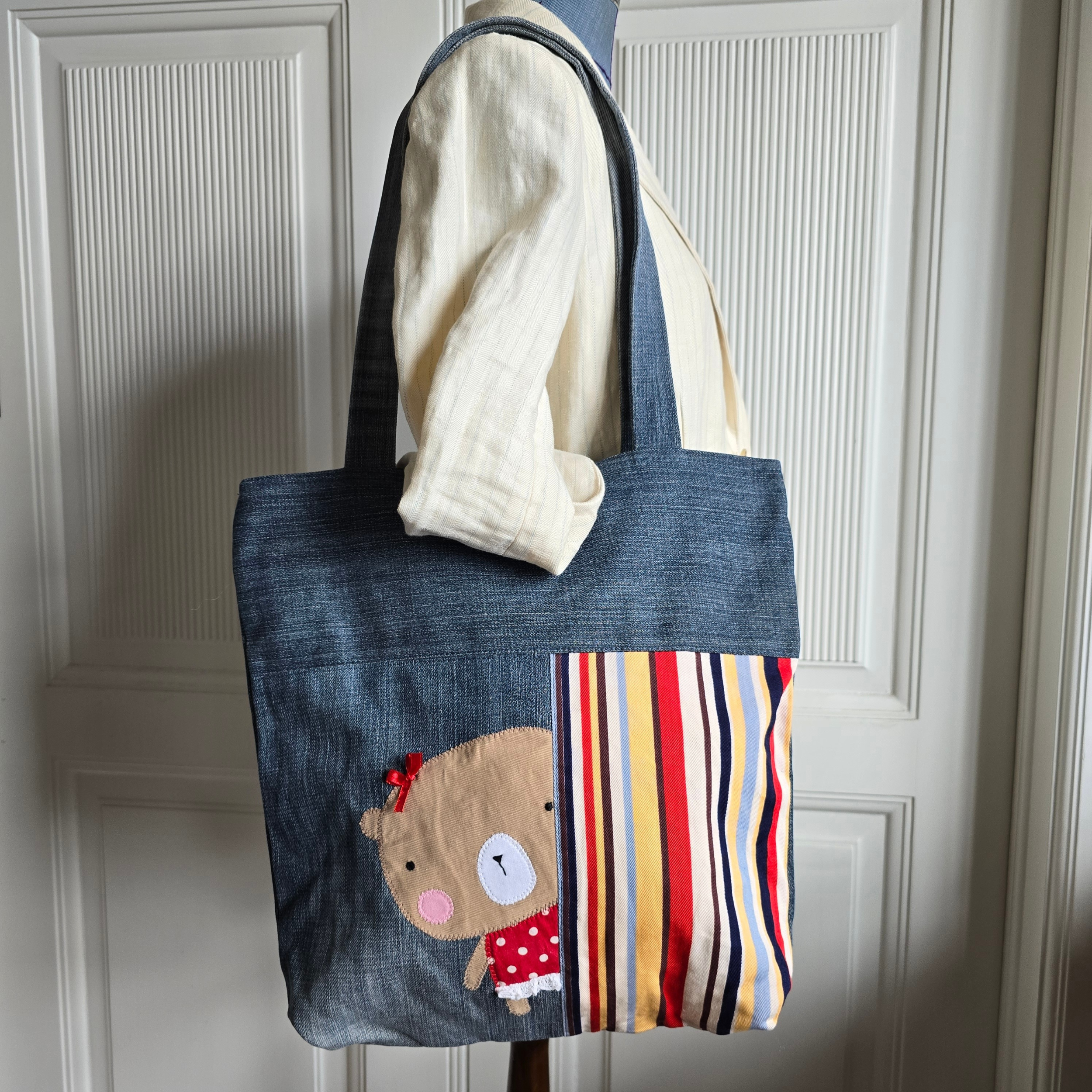 Handmade Tote Bag denim Teddy Bear in red dress