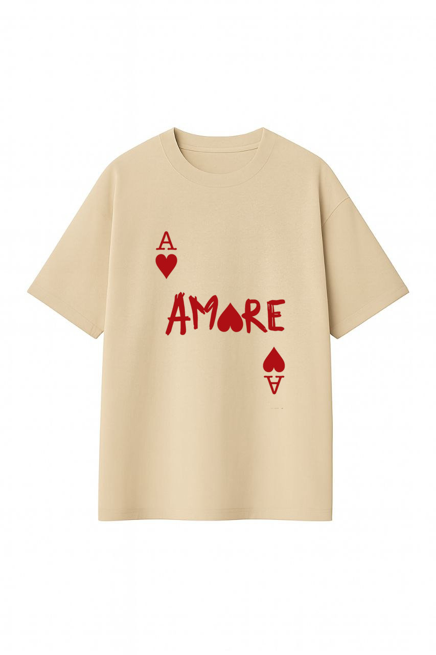 ФУТБОЛКА ОВЕРСАЙЗ БЕЖЕВА З ПРИНТОМ "АМОРЕ"