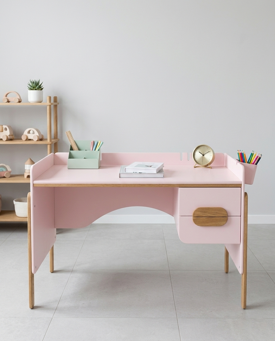 Зростаючий письмовий дерев'яний стіл з колекції Брунька дизайнерський для школяра регульований по висоті з ящиками Натуральний/пудровий