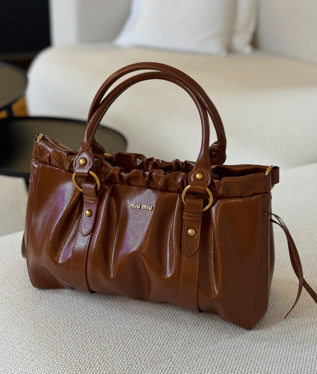 Miu Miu Brown Vitello Lux Leather Gathered Tote