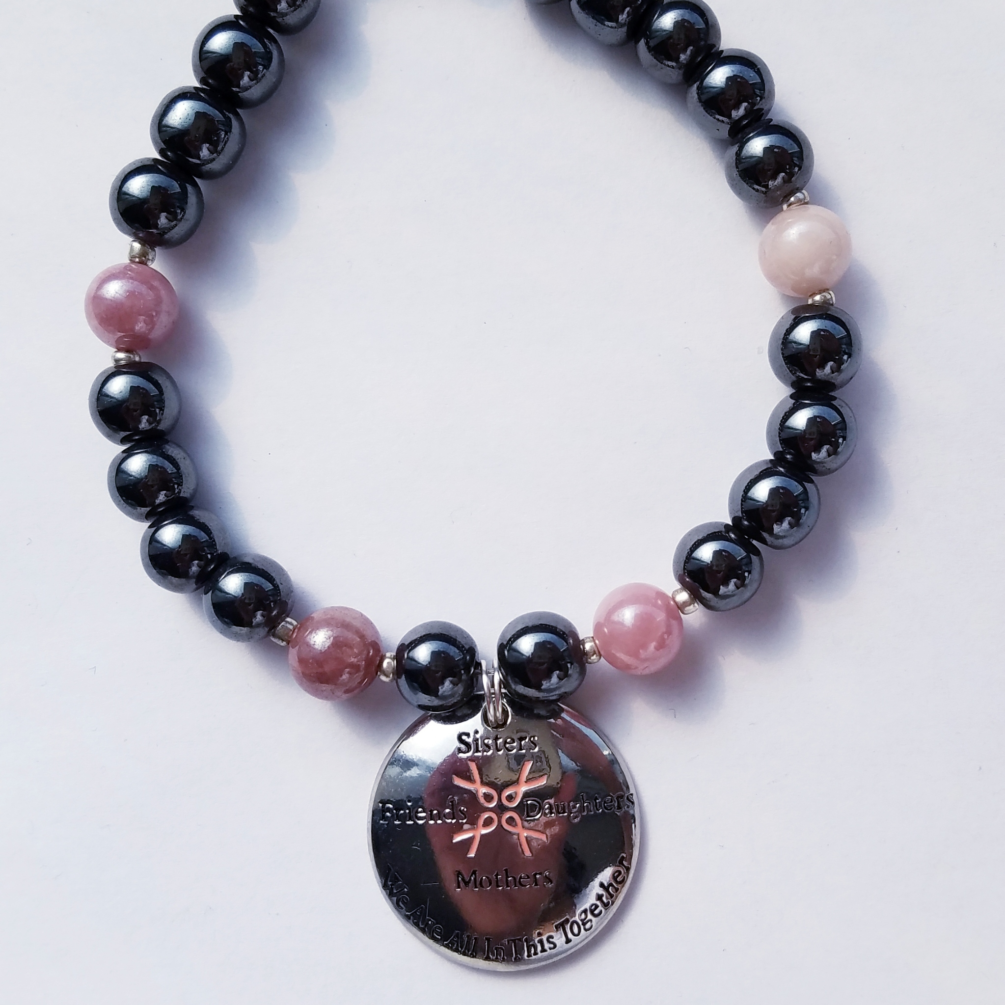 Hematite Pink Ribbon Charm Bracelet