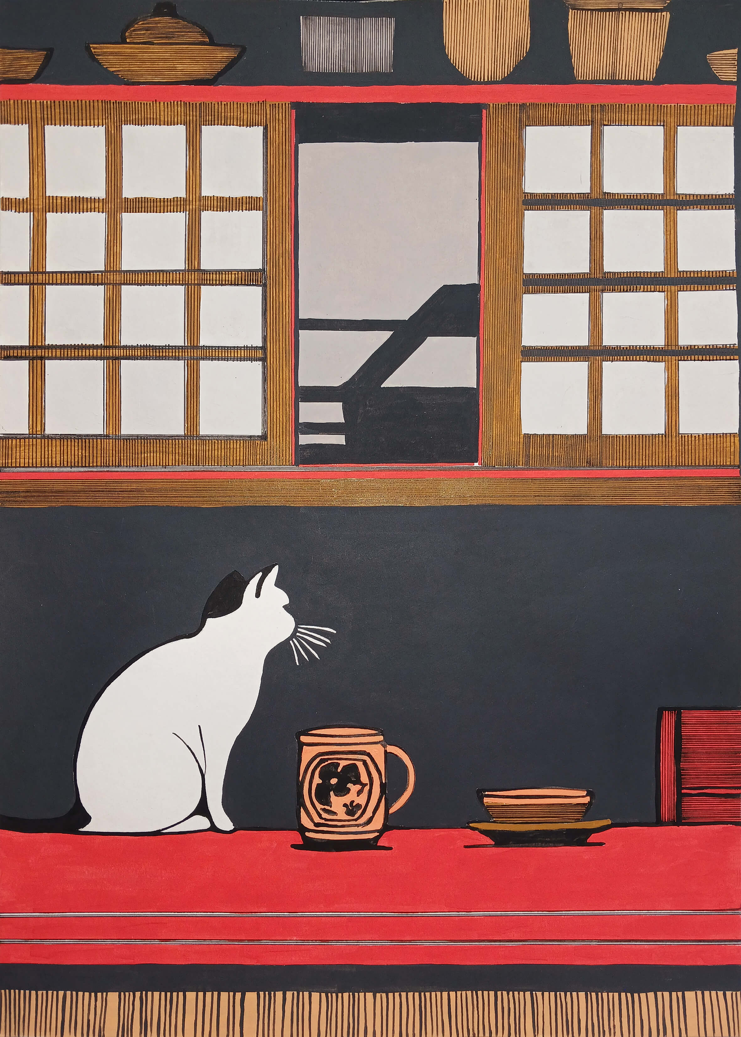 Japanese cat, 42x30 cm original acrylic painting on paper