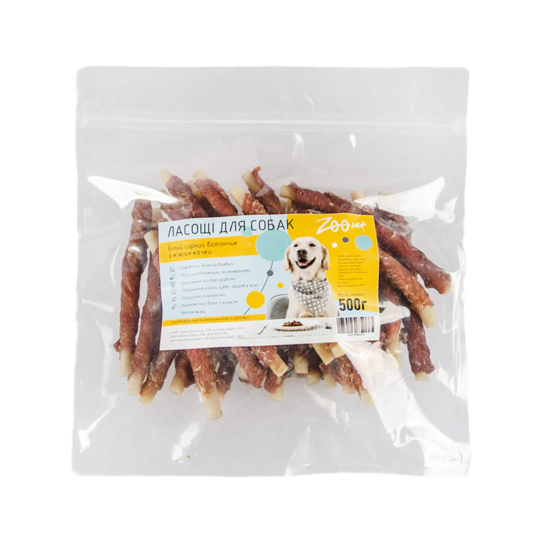 Ласощі Зоосет Білий сирний батончик з м’ясом качки 500 г