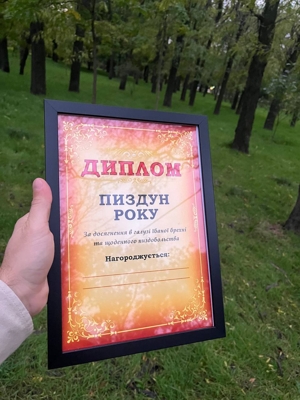 Диплом жартівливий Пиздун року