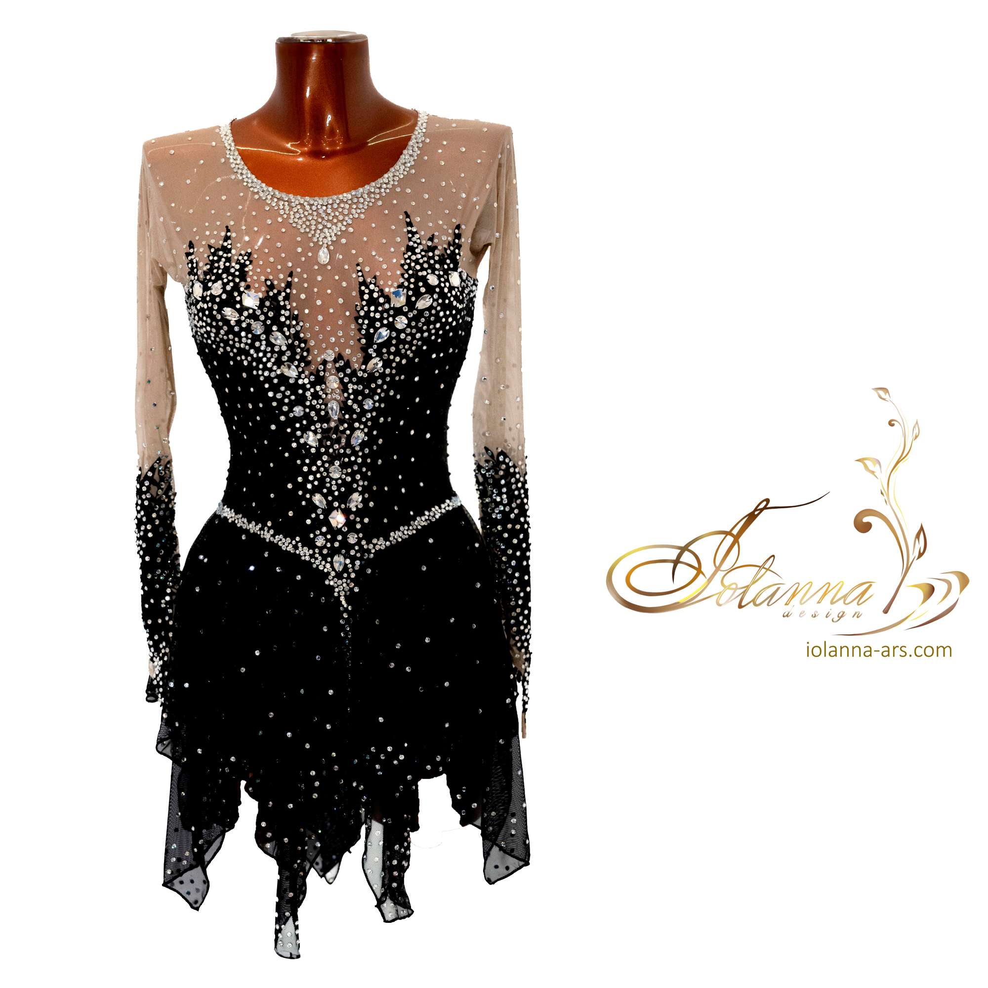 Graceful Black Ice Skating Dress with Crystal Rhinestone Embellishments