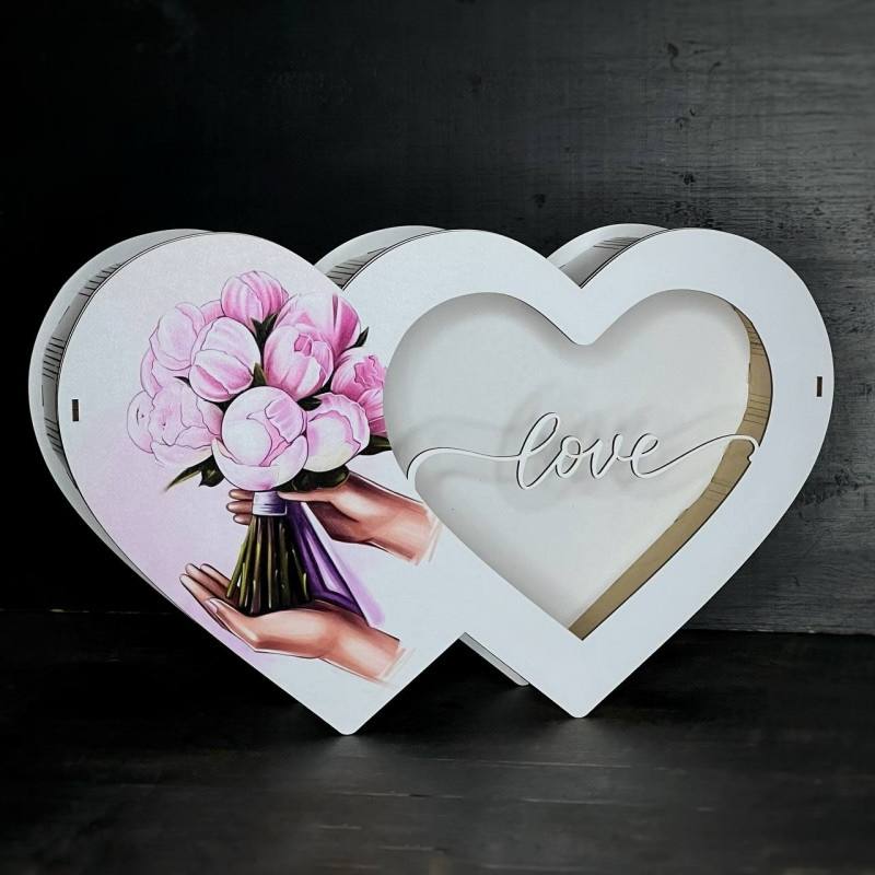 Бокс "Подвійне серце №12" білий, з прозорою кришкою і дизайном 24х40х7 см