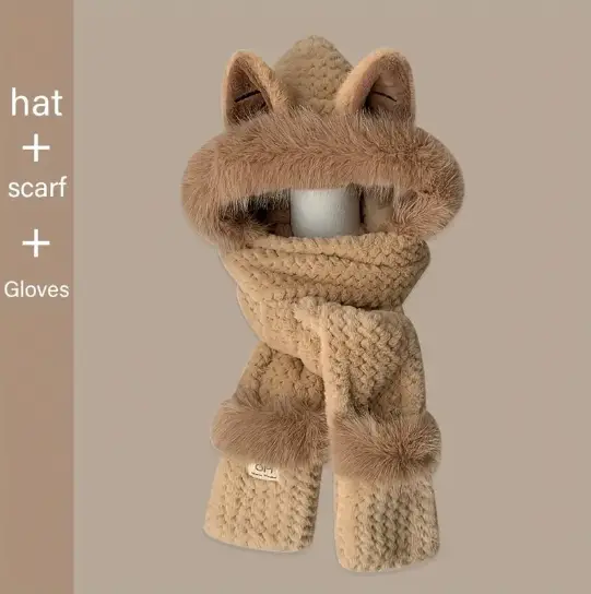 Шапка шарф з подовженим шарфом та рукавичками, коричнева