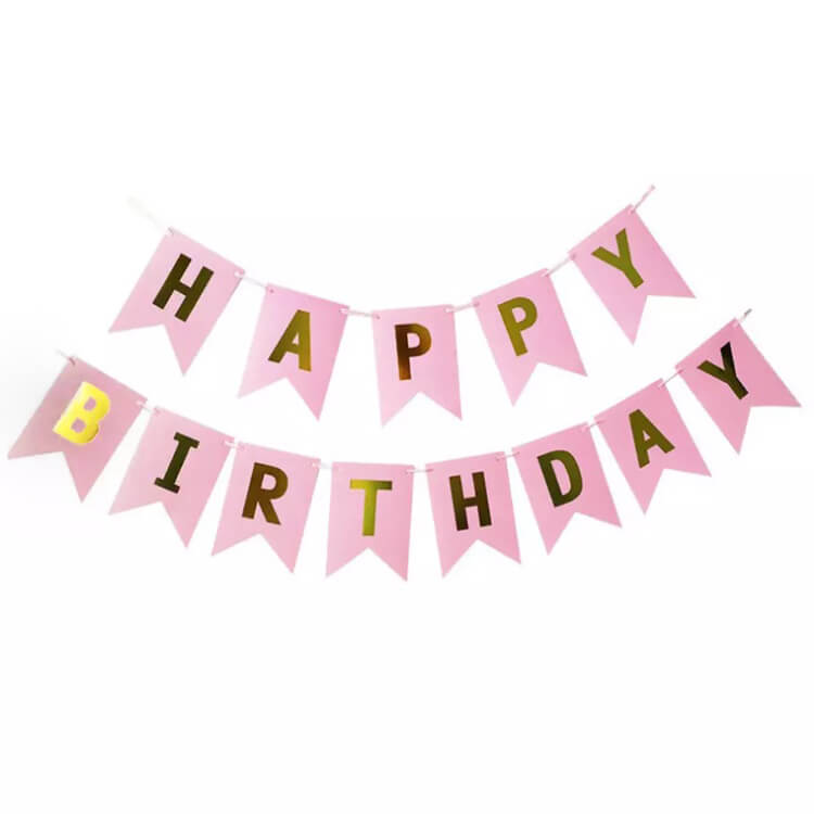 Ніжно-рожеві прапорці із золотими дзеркальними літерами Happy birthday