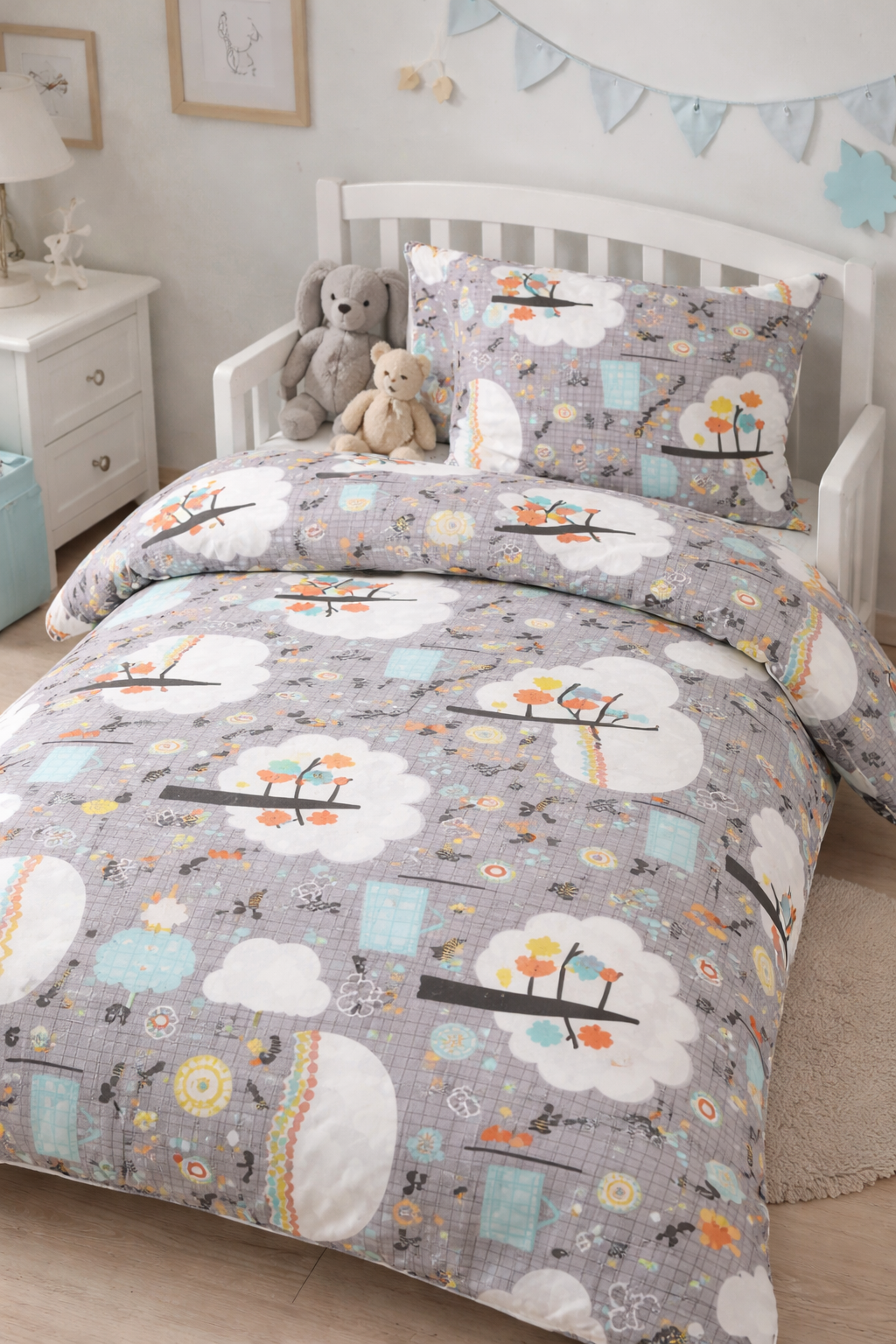 Постільна білизна для хлопчиків ранфорс прінт  "Білі дерева на сірому"