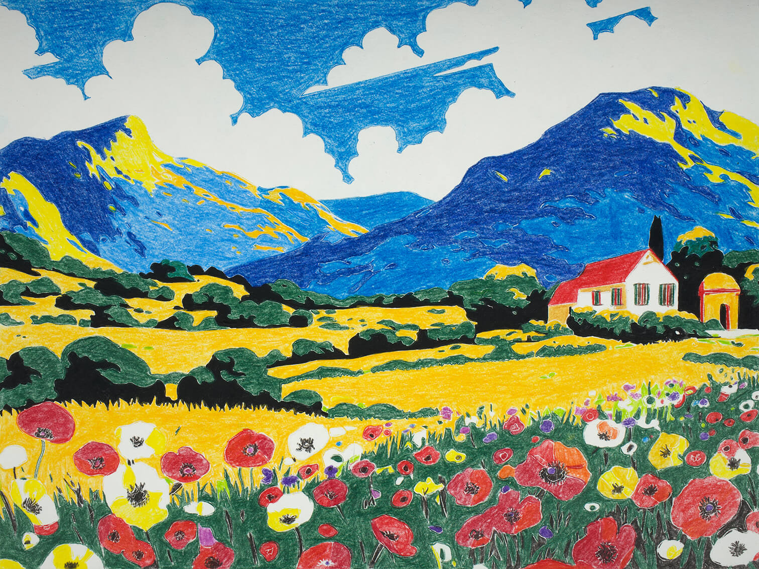 House in the foothills, 30x40 cm original acrylic painting on paper