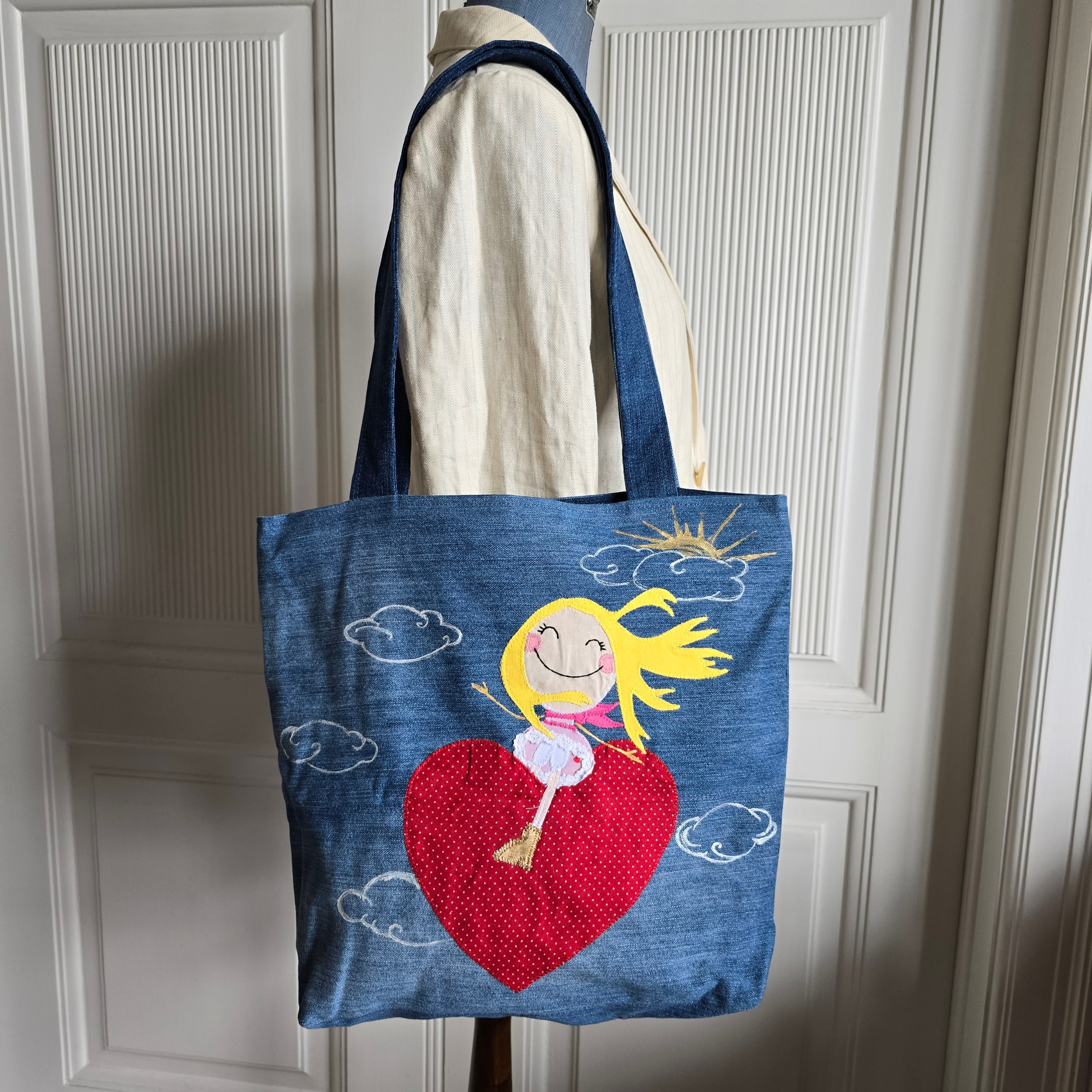 Handmade Tote Bag denim Girl with heart