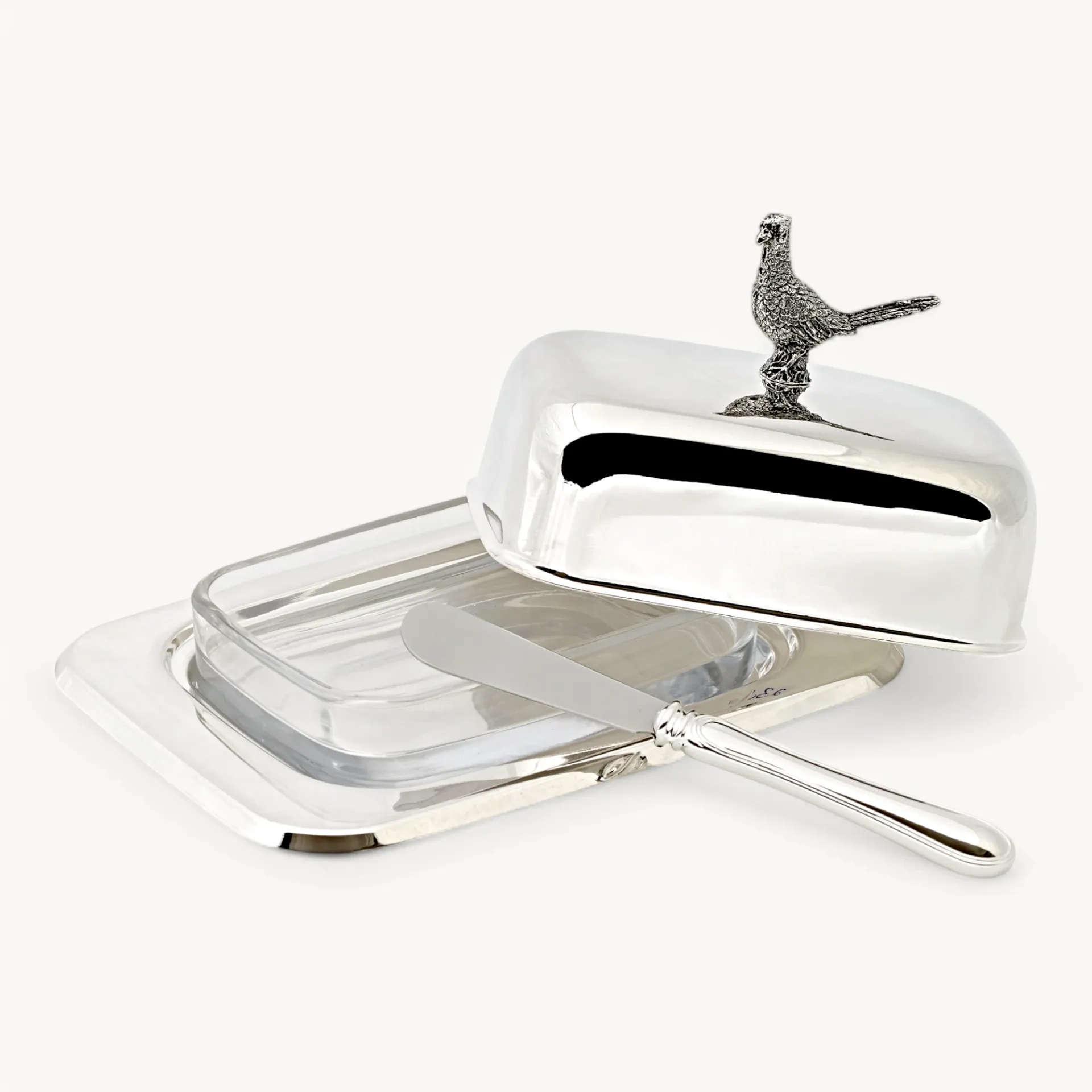 Маслянка Edzard «Фазан» срібляста з ножем для масла, 18×13 см