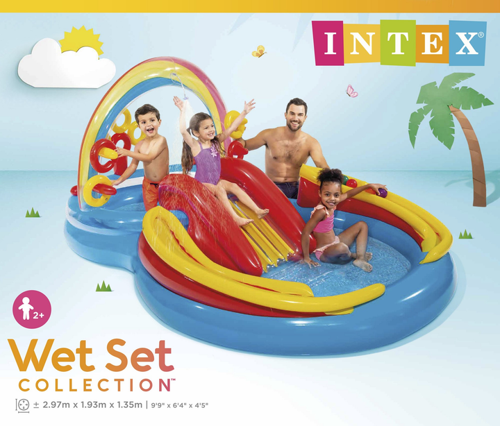 Надувний ігровий центр Intex 57453, "Веселка" 297*193*135 см з розбризкувачем, гіркою та іграшками