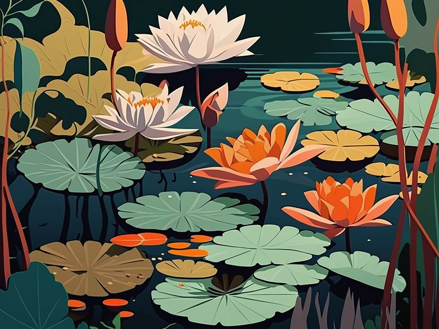 Lily-flowers on a pond, 60x80 cm, painting on canvas