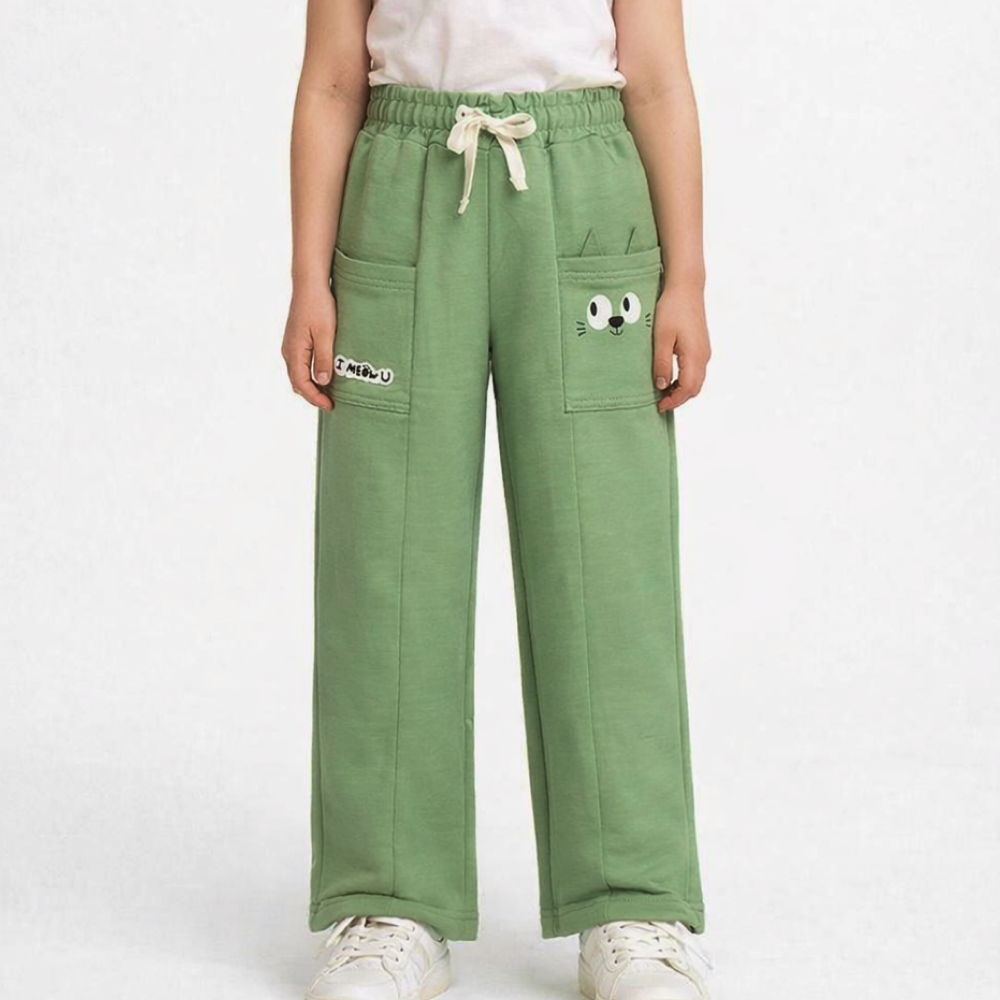 Трикотажні штани ментолового кольору з кицею для дівчинки