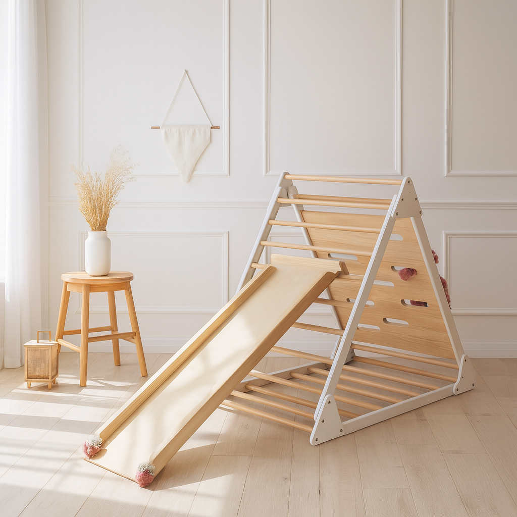 Pikler Dreieck Mia – Kletterdreieck aus Holz mit Rutsche (Weiß-Natur)