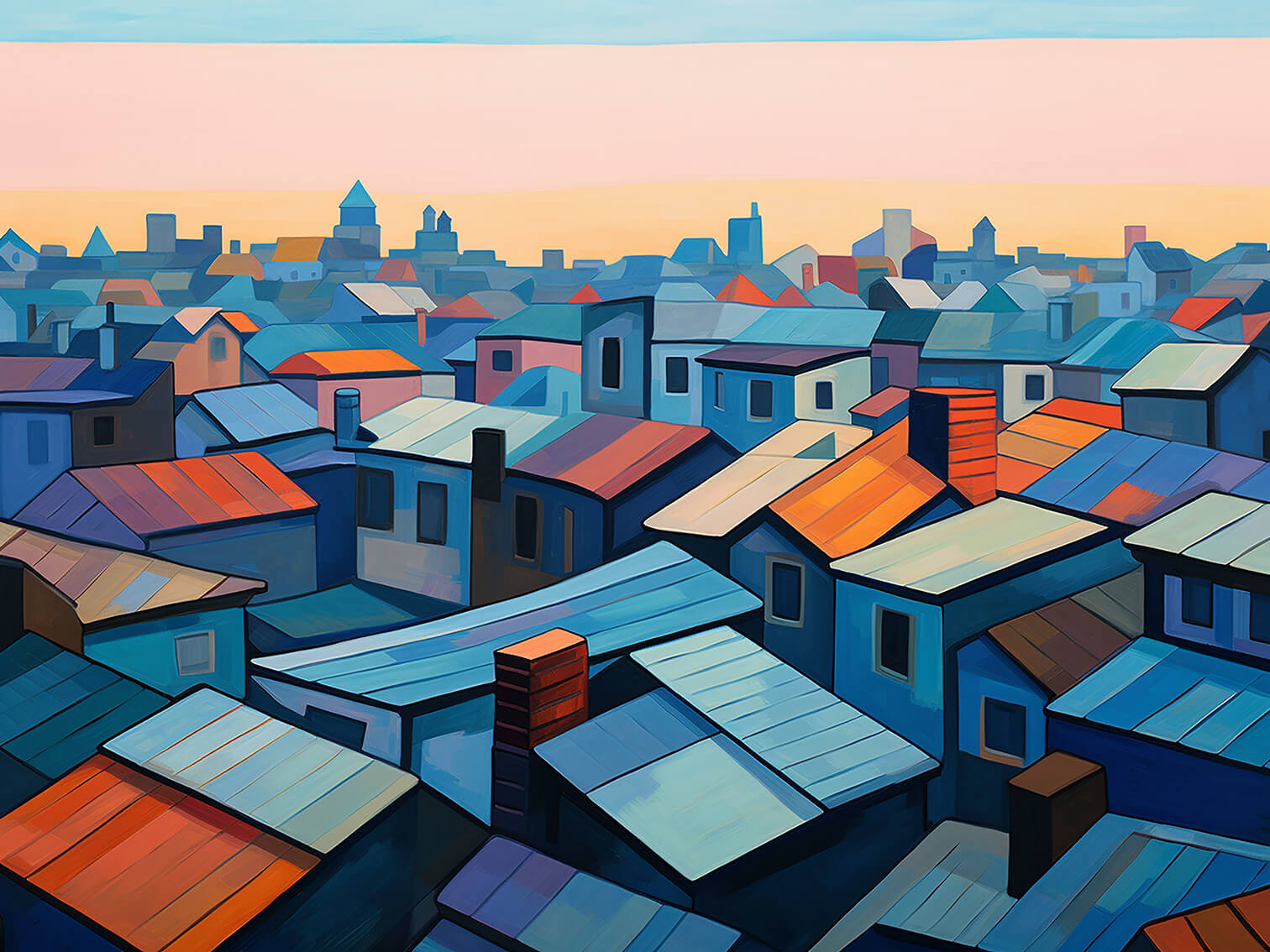 Roofs, 60x80 cm, original acrylic painting on canvas