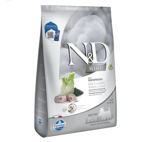 Фарміна дог сух N&D Grain Free WHITE ADULT MINI для собак з білою шерстю з сібасом, спіруліною та фенхелем, 5 кг 44990