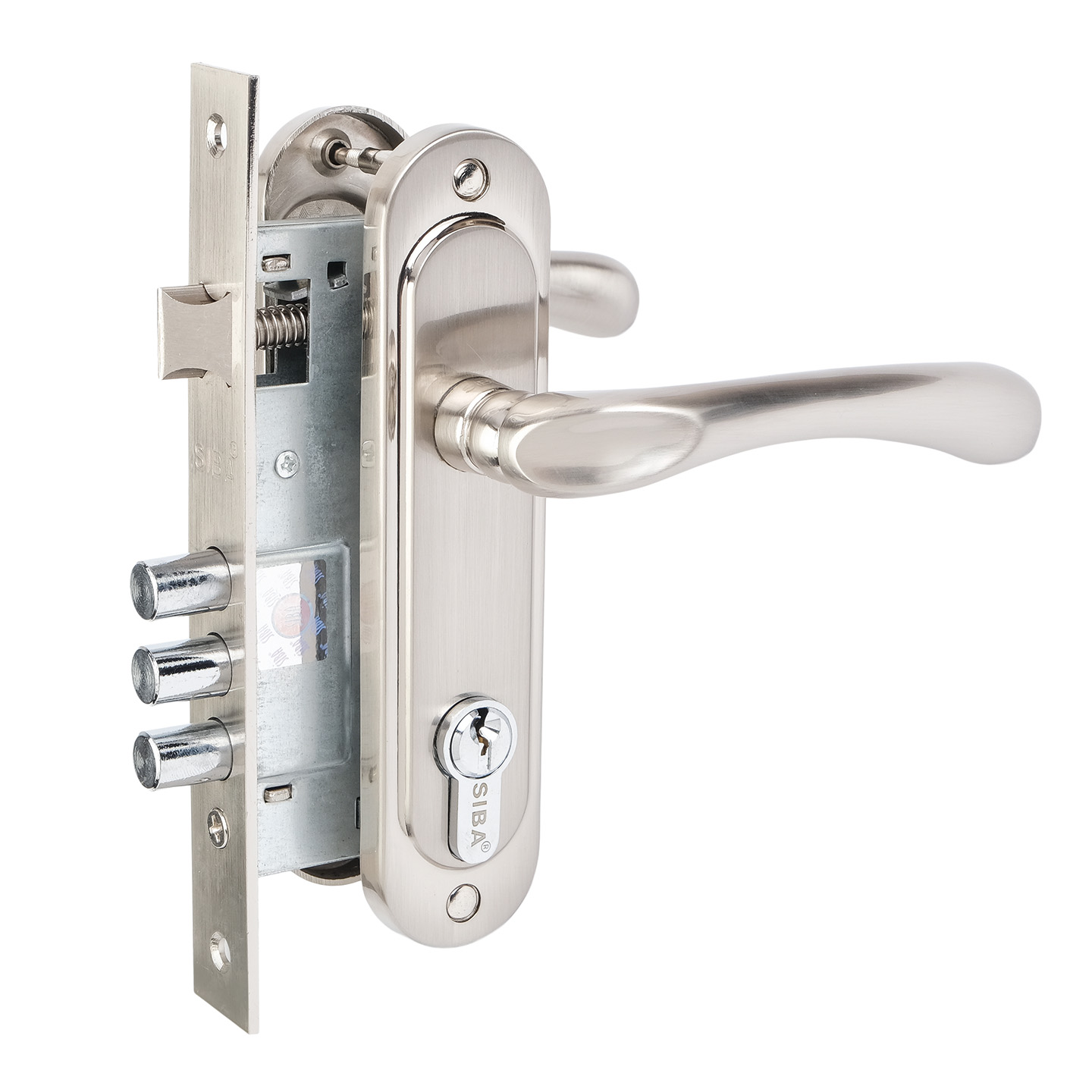 Комплект врізного замку з ручками SIBA Palermo 62 мм з циліндром, матовий нікель