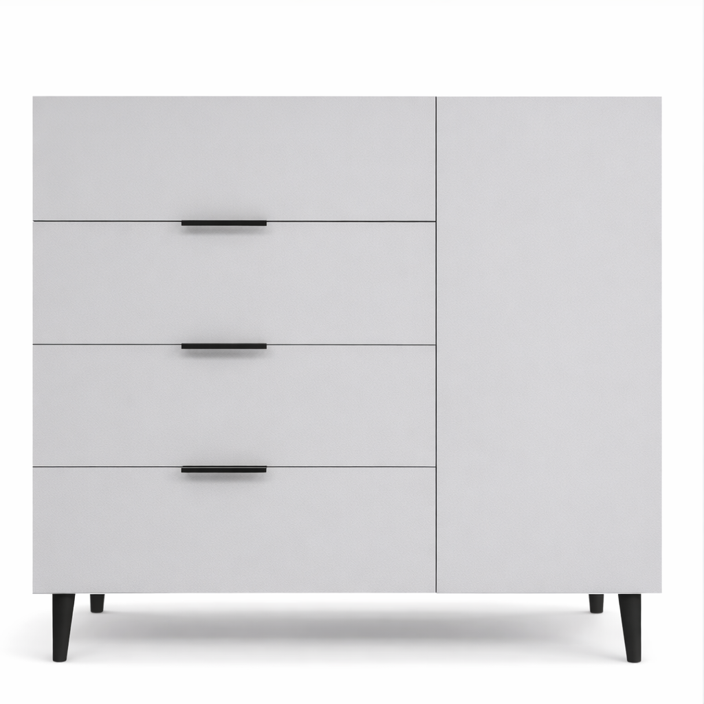 Комод з чотирма шухлядами та одними дверцятами з внутрішніми полицями на ніжках