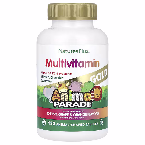 NaturesPlus, Animal Parade Gold®, Children's Chewable Multivitamin Supplement, Cherry, Grape & Orange, 120 Animal-Shaped Tablets