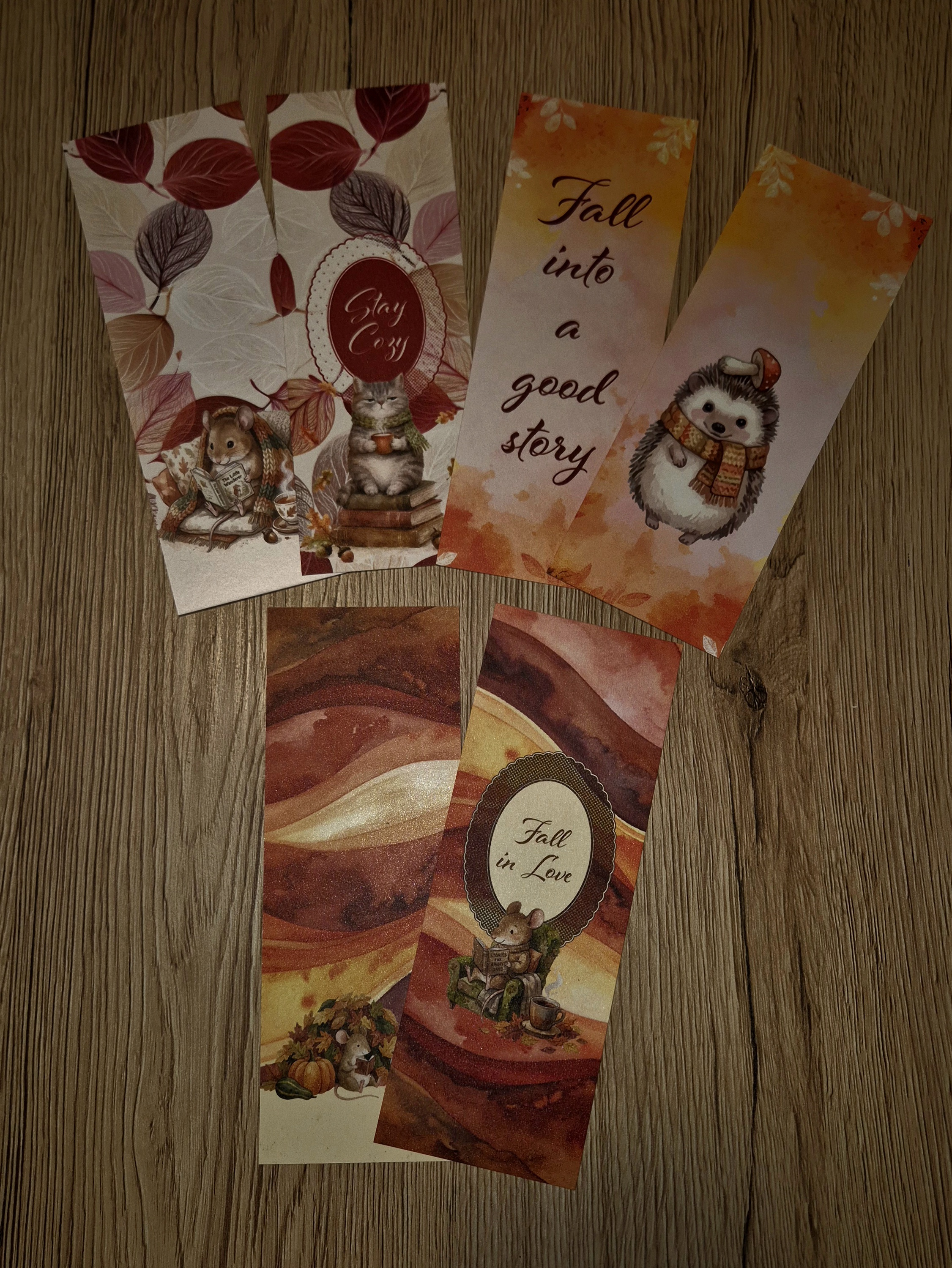 Hochwertige Lesezeichen - Herbstedition (Orange, Rot, Katze, Maus, Igel)