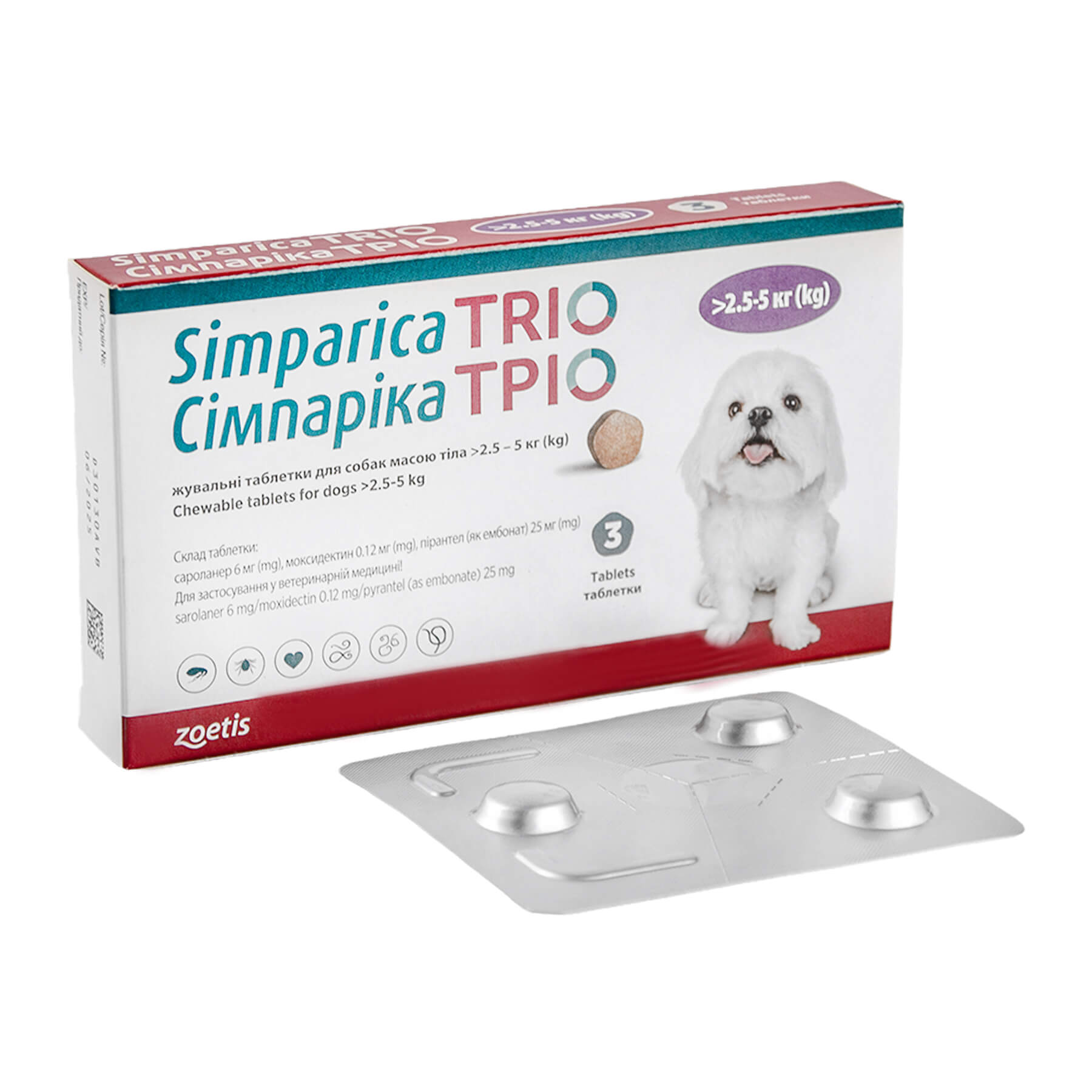 Сімпаріка ТРІО табл д/собак від бліх,кліщів,гельмінтів  2,5 -5кг  №3