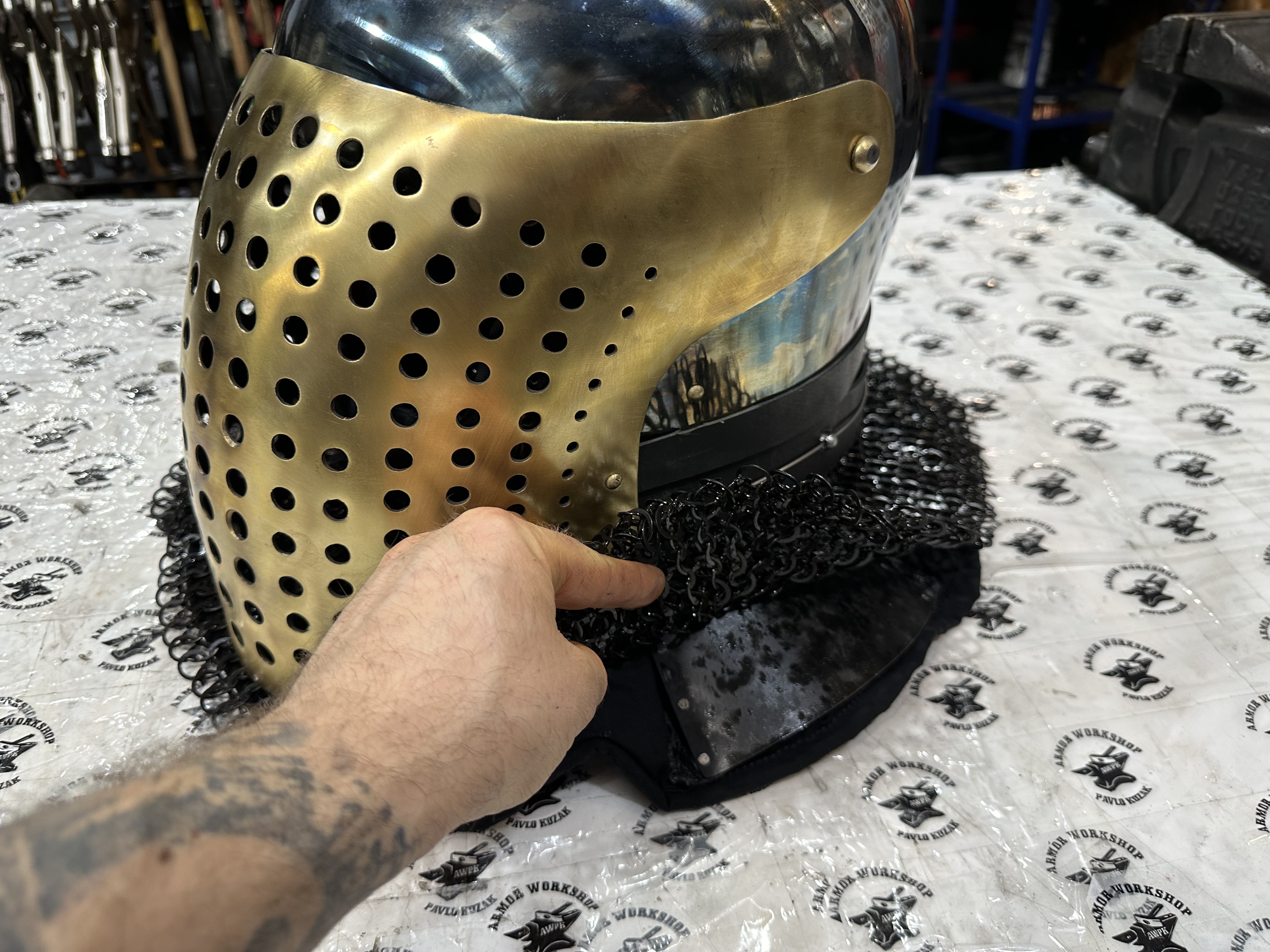 Armored helmet “sieve” brass visor and blue dome