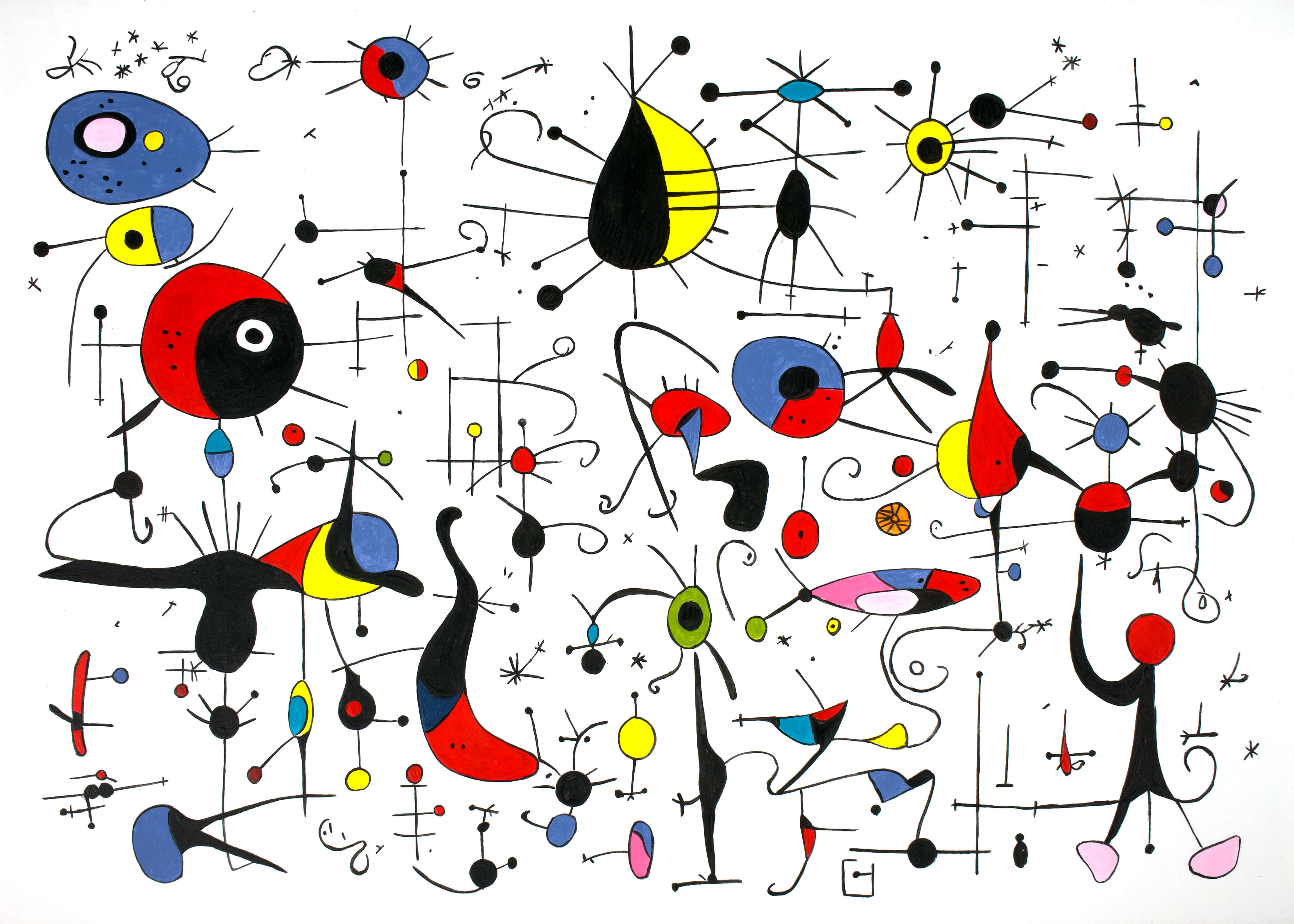 Abstraction (inspired by Joan Miró), 30x42 cm original acrylic painting on paper