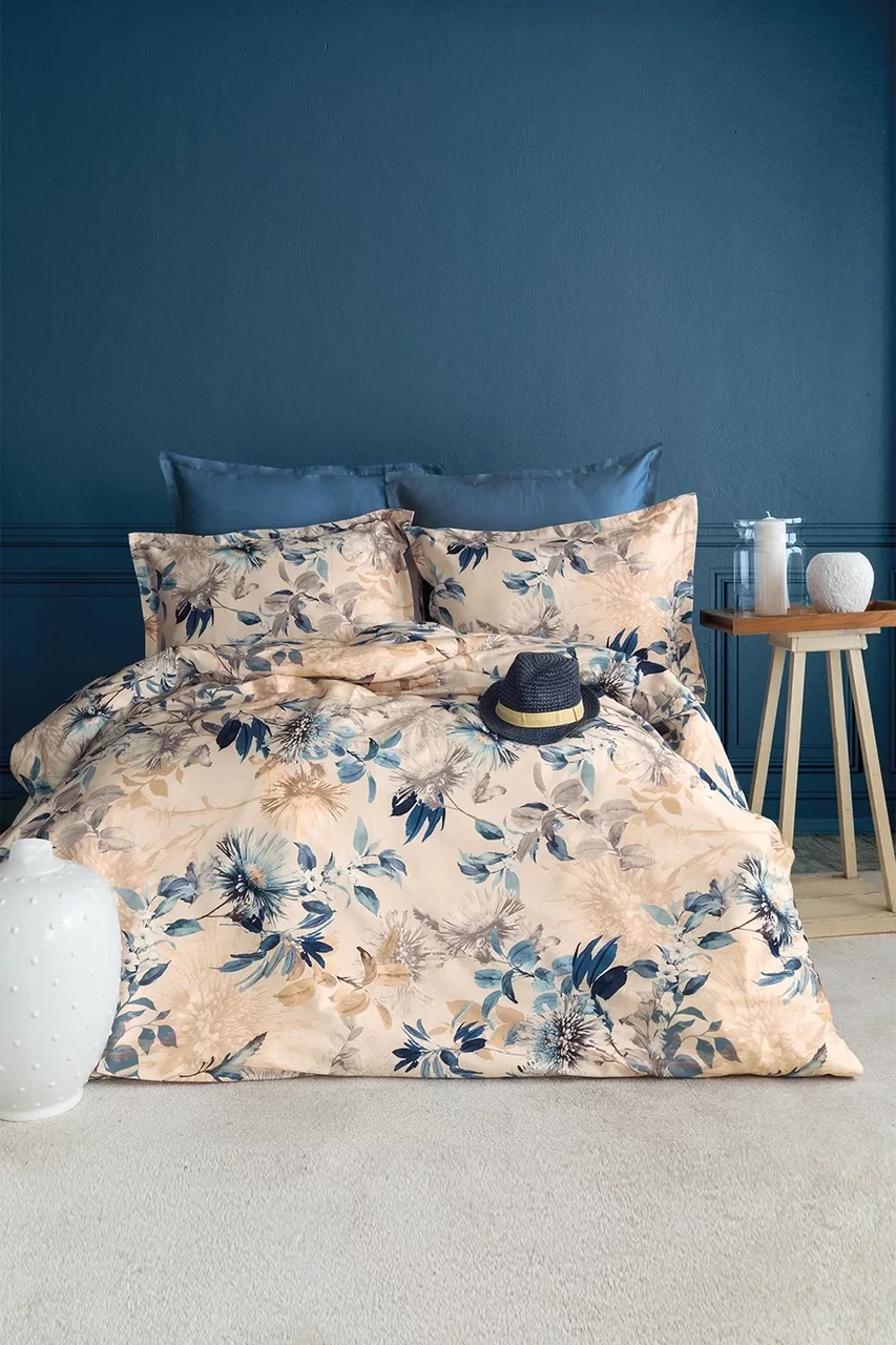 Комплект постільної білизни Sethe Issimo Home 300 ТС Преміум Сатин 200х220 Синій з квітами