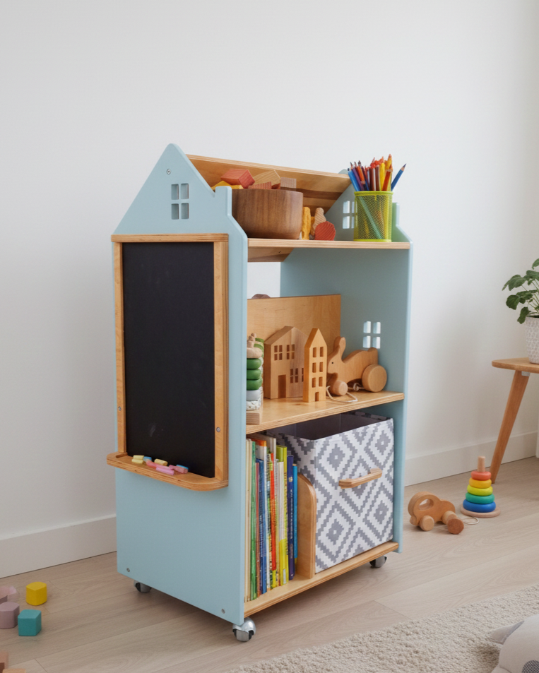 Дитячий стелаж дизайнерський Монтессорі для іграшок та книжок дерев'яний з грифельною дошкою на коліщатках Хмарочос - Блакитний/лаковий