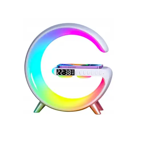 Портативна колонка c RGB-підсвічуванням BT/TF/Wireless Charger/USB/FM/AUX/Clock 15 Вт, біла