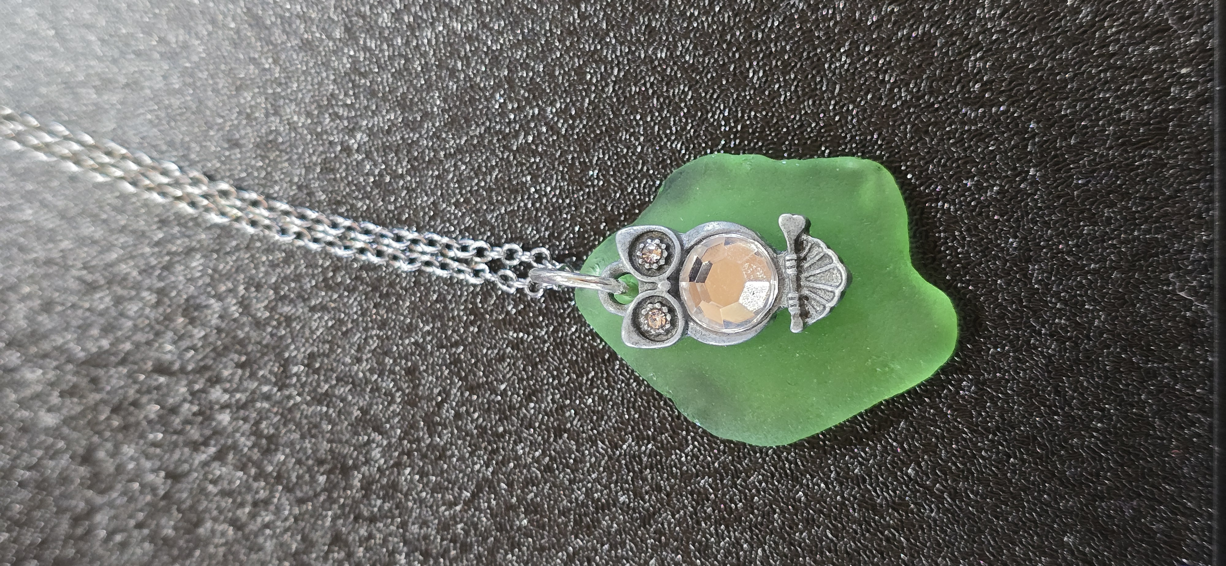 Green Owl Sea Glass Necklace 