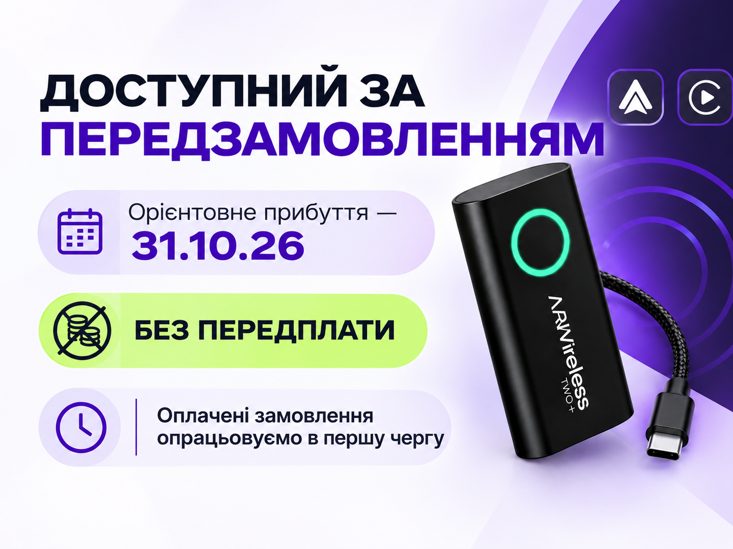 AAWireless TWO+ Адаптер для бездротового CarPlay та Android Auto