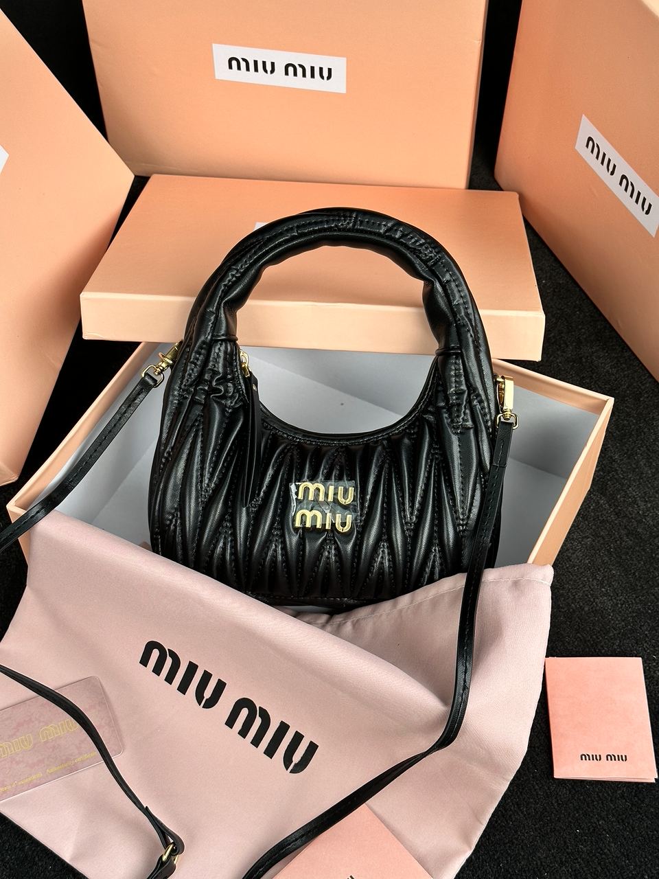 Miu Miu Wander Matelassé Nappa Leather Mini Hobo Bag Black