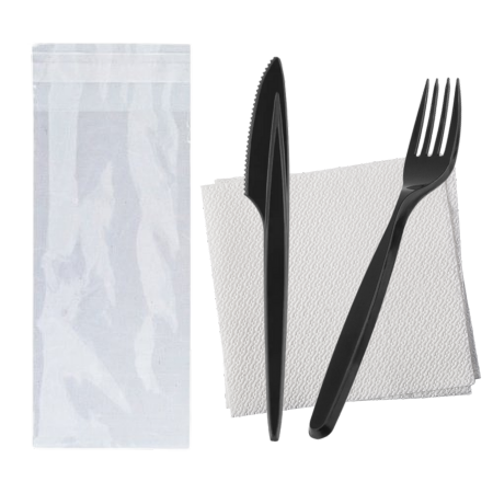 Набір столових приладів №26 (виделка + ніж + серветка) в індивідуальній упаковці, упаковка 100 шт