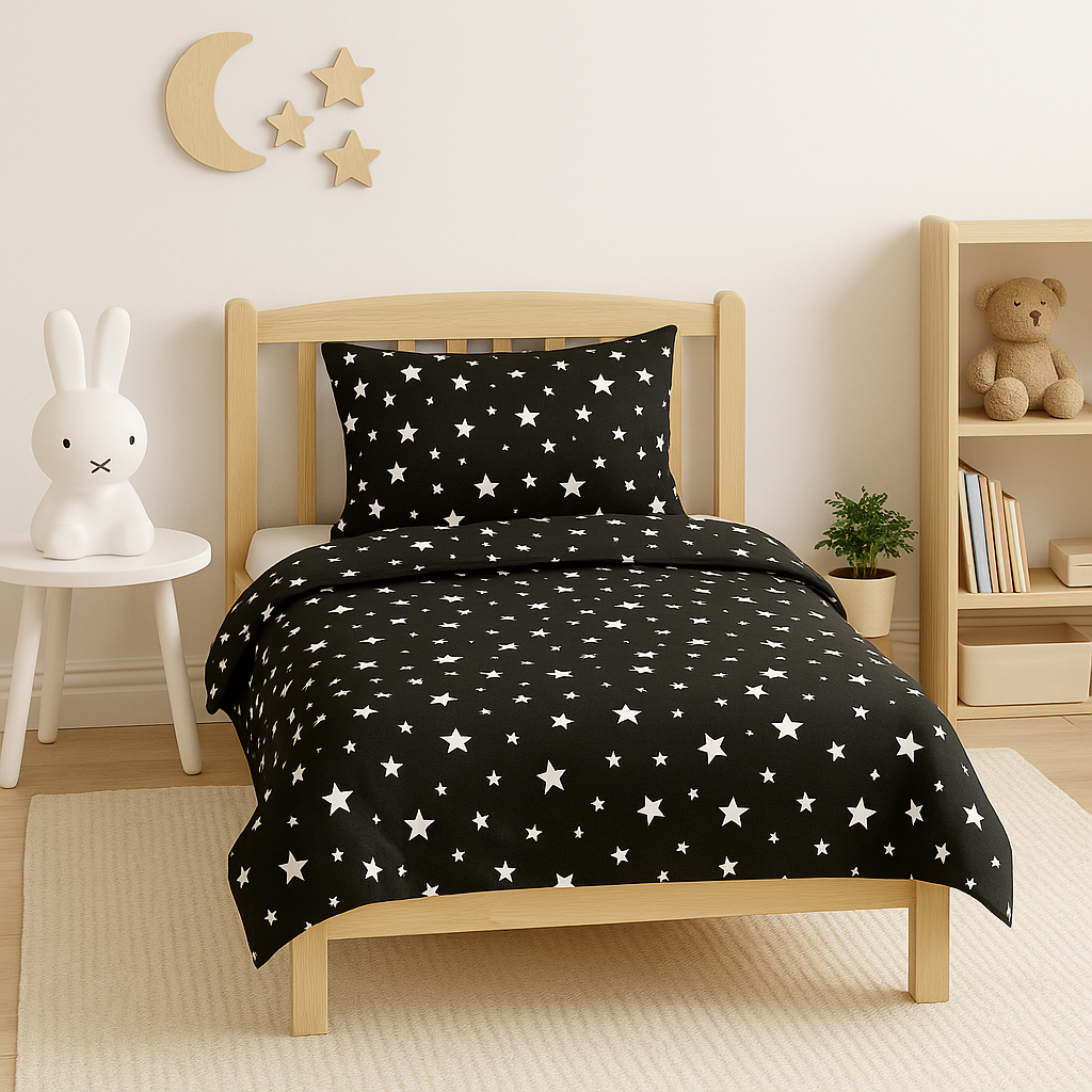 Дитяча постільна білизна ранфорс прінт  "Білі зірки на чорному"