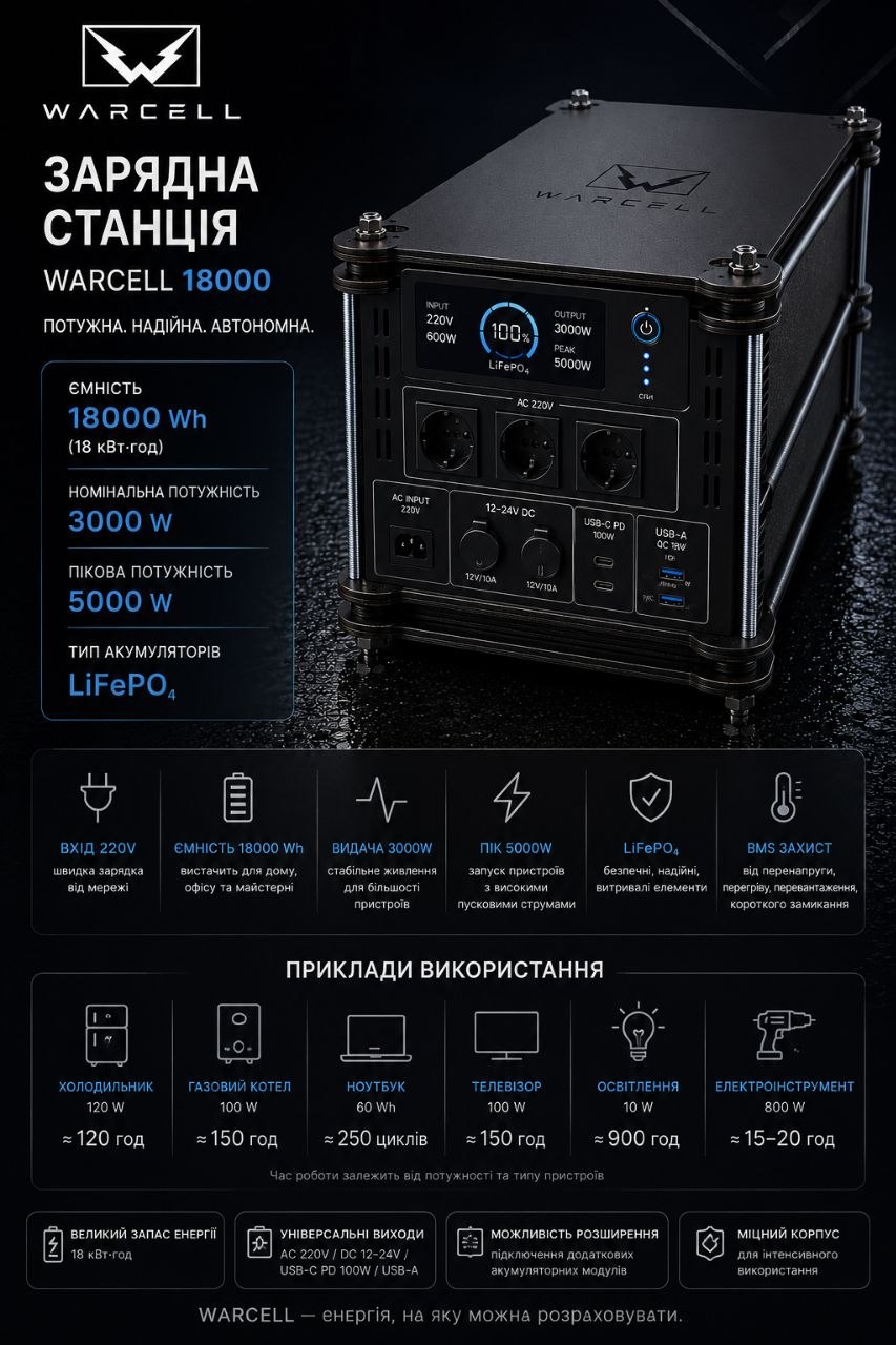 Зарядна станція WARCELL 18000 Wh / 3000 W